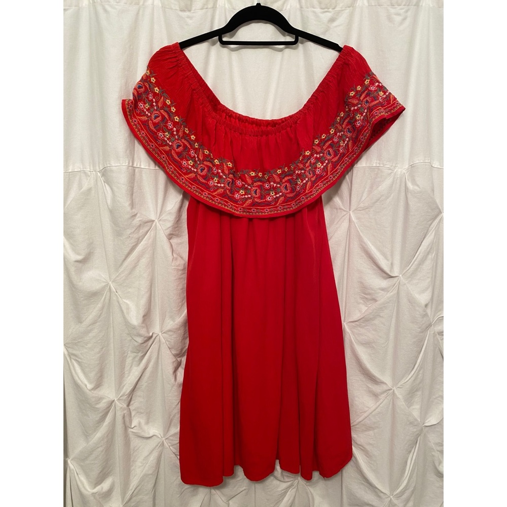Red off the shoulder embroidered dress